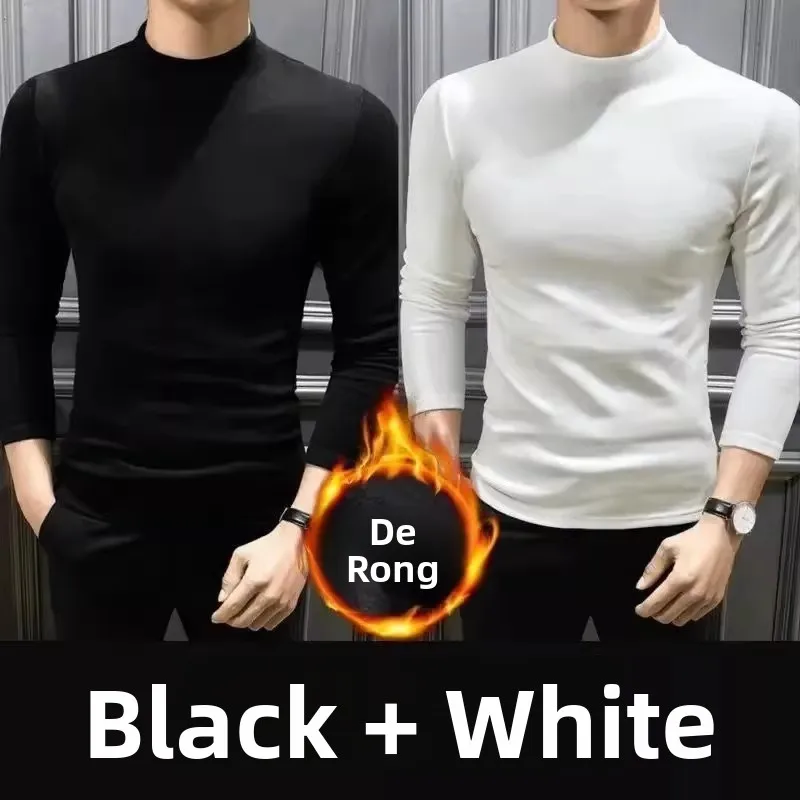 Men's Double-Sided Fleece Long Sleeve T-Shirt High Neck Base Layer Slim Fit Casual Wear Polyester Fiber Winter Top