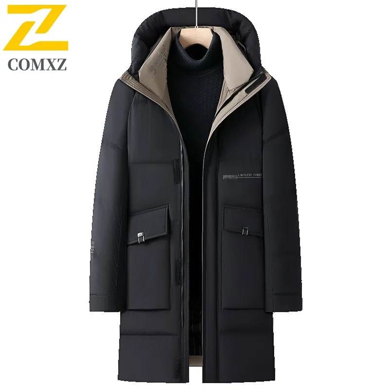 COMXZ New Puffer Coat Men Hooded Outdoor Hiking Waterproof Coat Casual Mountaineering Warm Cold Protection Mid Long Garment 2025
