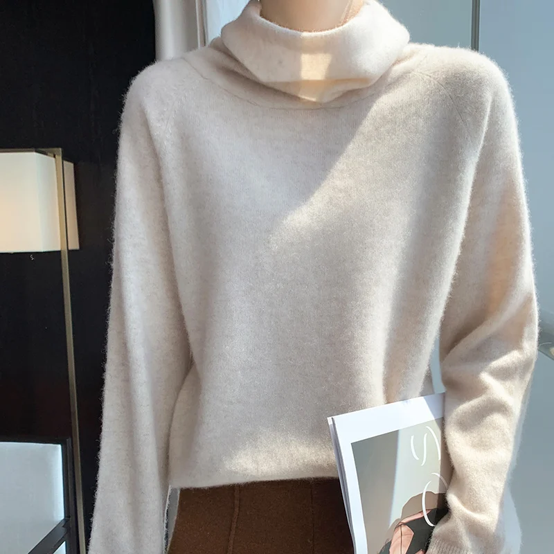 Women\'s Luxury High Neck Sweater Autumn/Winter New Solid Color Loose Knitted Basic Pullover 100% Merino Cashmere Wool Top S-XXL