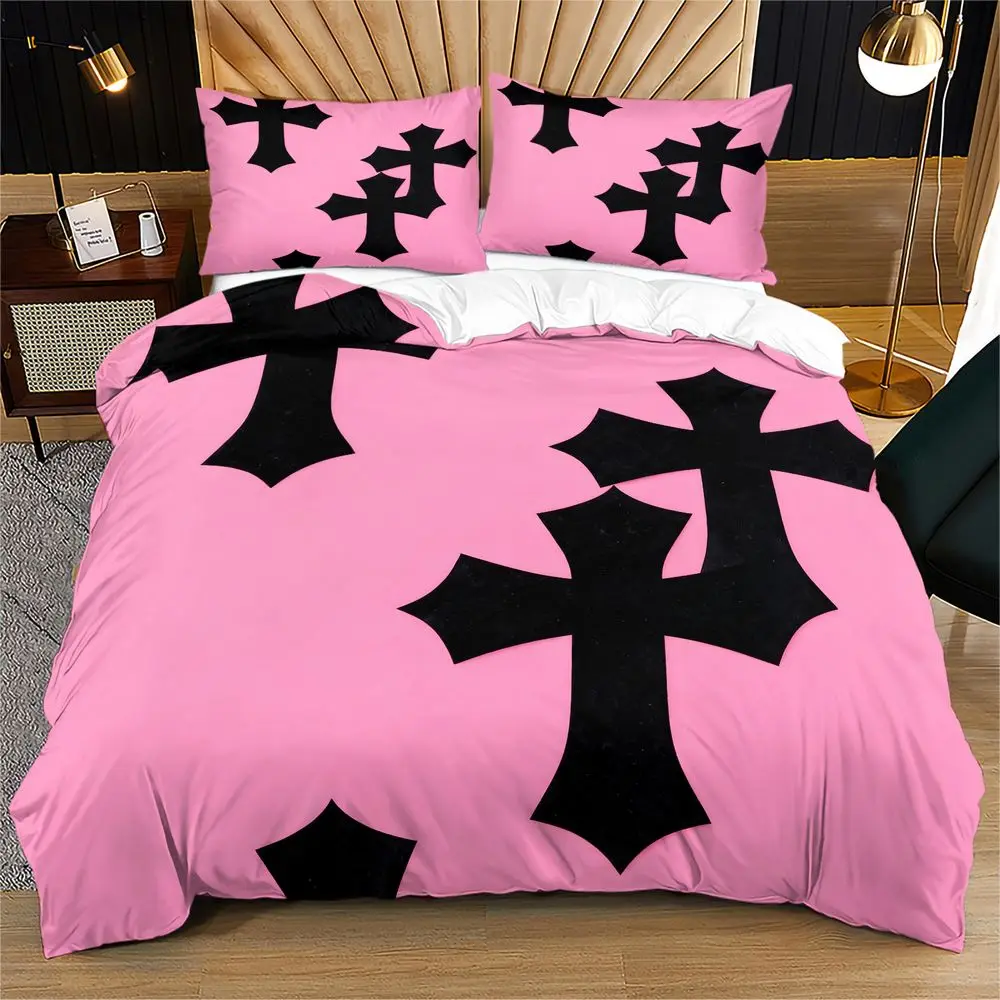 Gothic Black Cross Print Duvet Cover Set Pink Aesthetic Bedding Set Soft Microfiber Digital Printed Bed Linens Home Decor