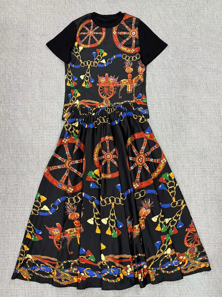 Retro geometric print color blocked short sleeved T-shirt two-piece set 2026 summer women's clothing+loose skirt fashion set