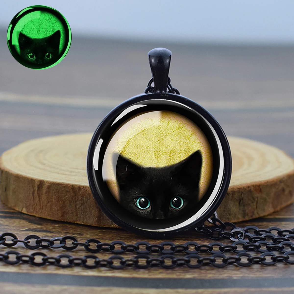 1pc Glow in The Dark Black Cat Glass Dome Pendant Necklace Fluorescent Cat Jewelry Halloween Gift