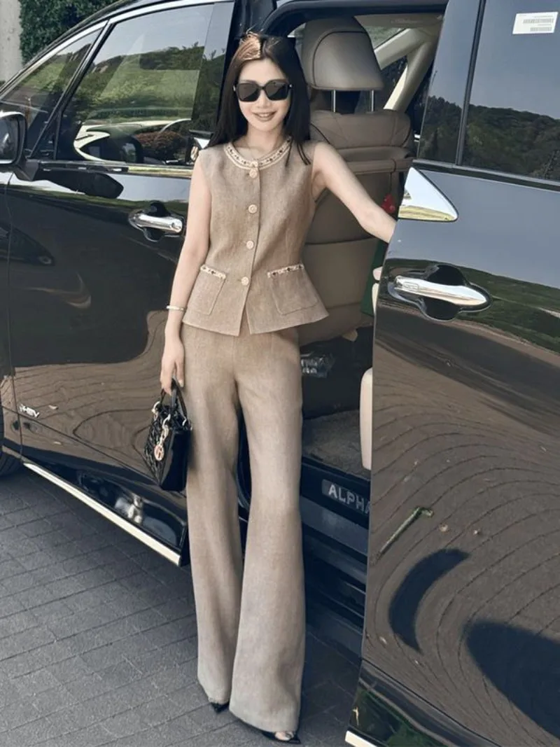 

New Luxury High End Summer Women's Suit Elegant O-neck Sleeveless Jacket Top + Straight Pants Trousers Two Piece Set Outfit
