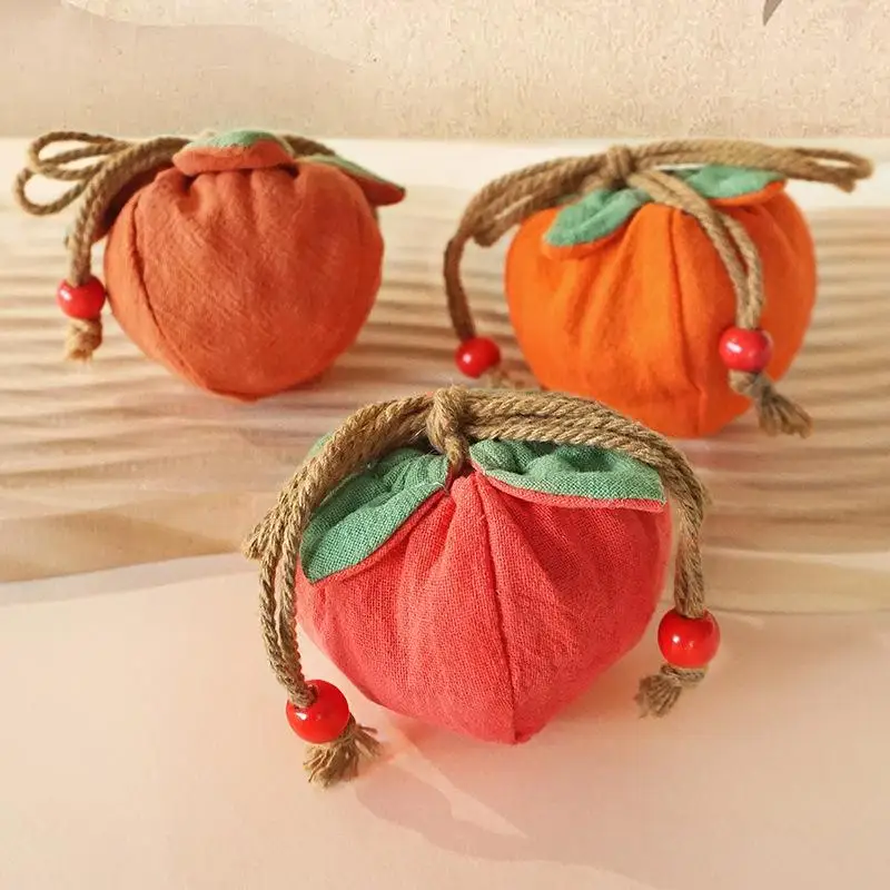 Chinese Style Persimmon Blessing Sachet - Cotton Linen Drawstring Pouch for Jewelry/Coins, Hanfu Accessory & Lucky Gift