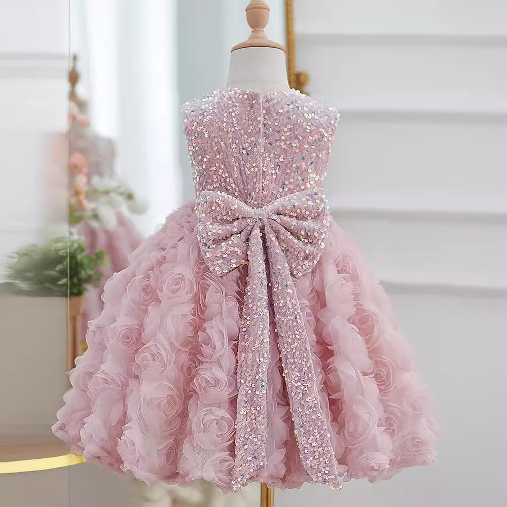 2024 Flower Girl Wedding Pink Princess Ball Gown Children Cute Bow Sequins Sleeveless Birthday Party Dress y1259