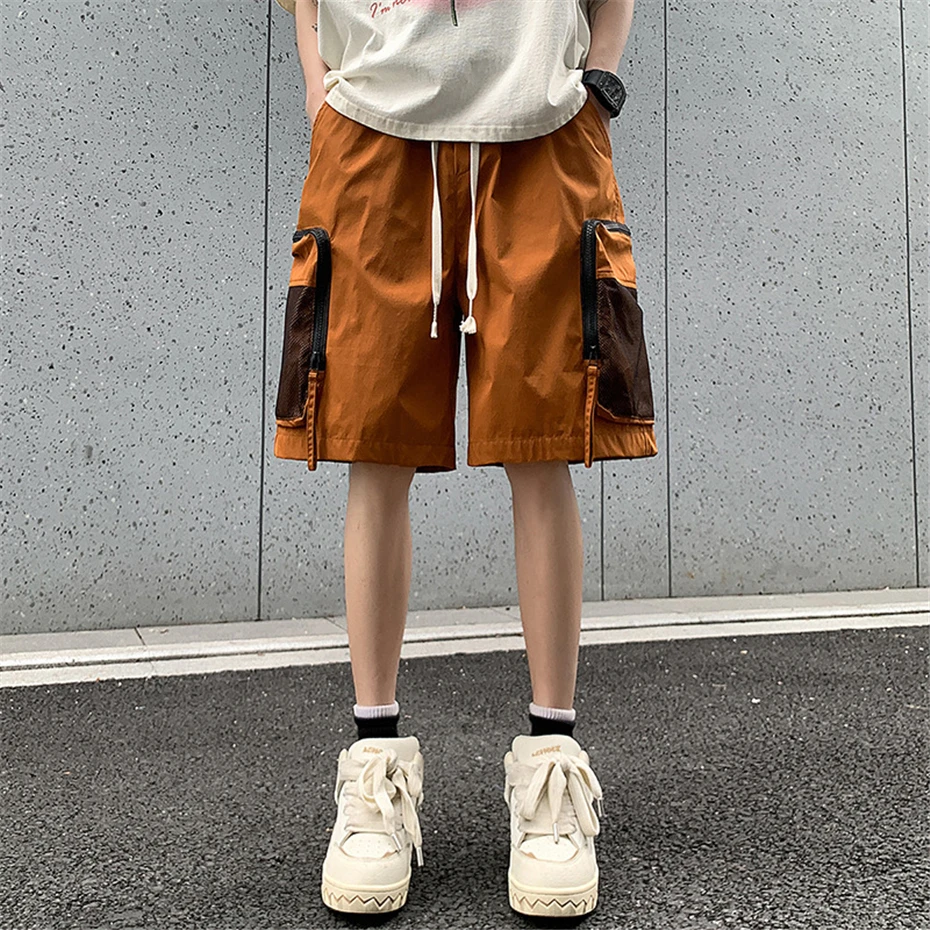 Summer Cargo Shorts Men Fashion Casual Short Pants Pocket Patchwork Design Elastic Waist Shorts Male