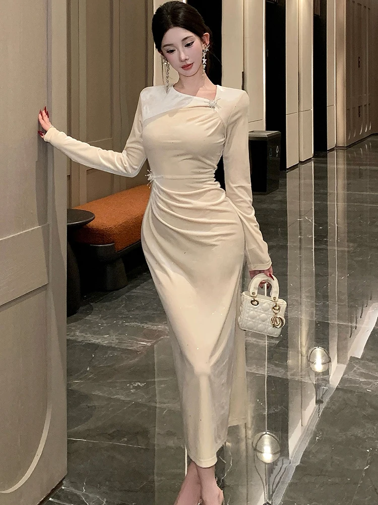 Frauen Soid Samt Pailletten Plissee Diamanten Luxus Langes Kleid Herbst Winter Elegante Bodycon Langes Kleid 2025, Koreanische Festival Kleid