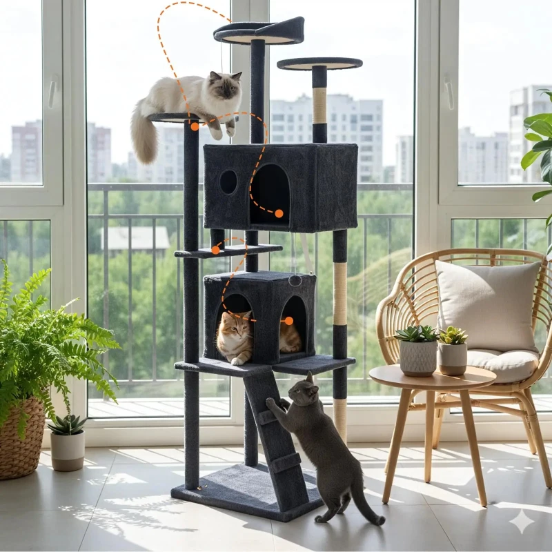 70 inch Cat Tree Tower Large Multi Level Cat Climbing Tower with Condo Natural Sisal Scratching Posts Pet House for Indoor