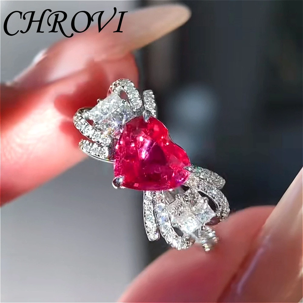 Fashion 925 sterling silver luxury heart-shaped red corundum bow ring - heart-shaped women's ring with a charm