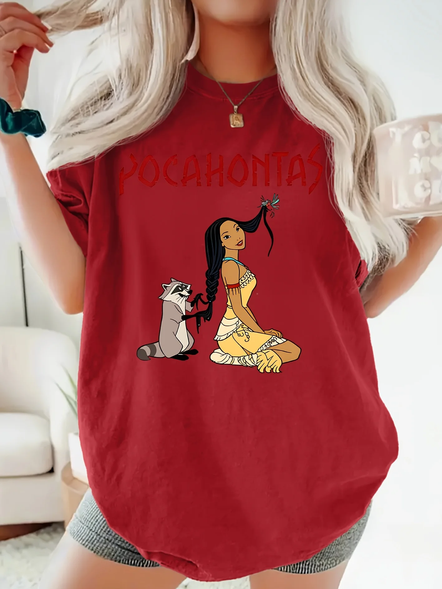 تي شيرت نسائي بنمط ديزني ريترو بوكاهونتاس من القطن بأكمام قصيرة للجنسين ملابس الشارع كبيرة الحجم فضفاضة كاجوال أنيقة