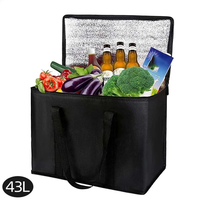 

43L Large Insulated Cooler Bag Picnic Grocery Shopping Organizer Food Delivery Meals Thermal Cold Storage with Zipper Foldable