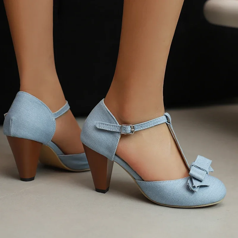 

2025 new spring summer women sandals plus size 22-29cm Denim T-shaped buckle bow fashion Tapered heel high-heeled shoes
