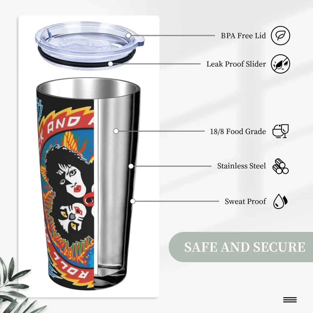 Rock Band Kiss Tumbler With Lid and Straw Stainless Steel Cup Mugs Double Wall Vacuum Insulated for Cold and Hot 20oz