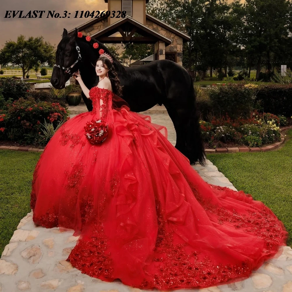 EVLAST Customized Shiny Red Quinceanera Dress Ball Gown Lace Applique Beading Cape Corset Sweet 16 Vestido De 15 Anos E3Q375