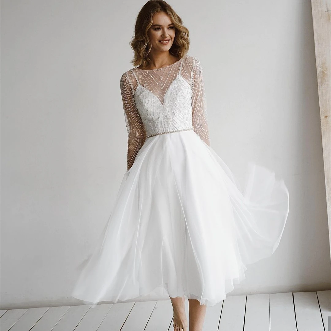 

Modern Short Wedding Dress 2023 Long Sleeves Beading Sashes Tassel Backless Appliques Party Gown Robe De Mariee Mid Calf A Line