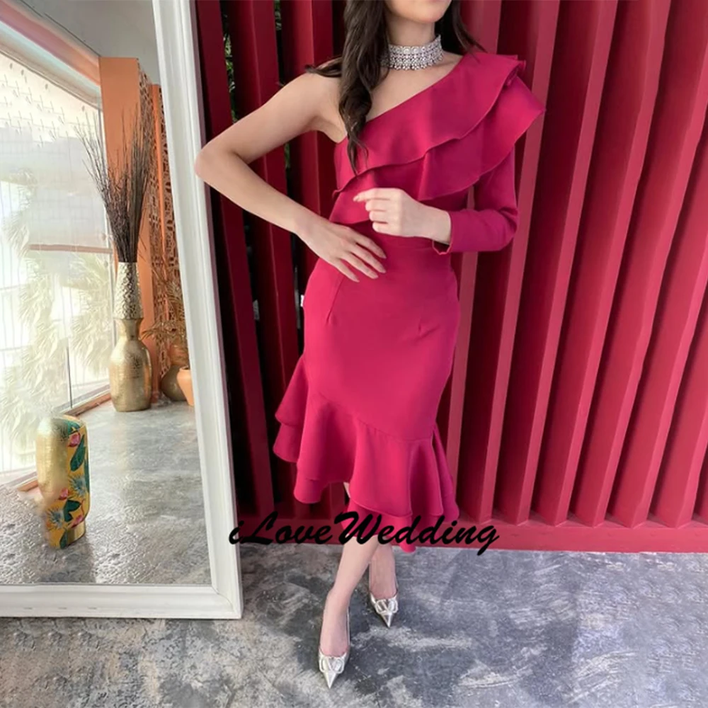 

Customized Fashion Satin Evening Dress One Shoulder Long Sleeve Party Dress Elegant Tea Length Bespoke Occasion Gowns 2026