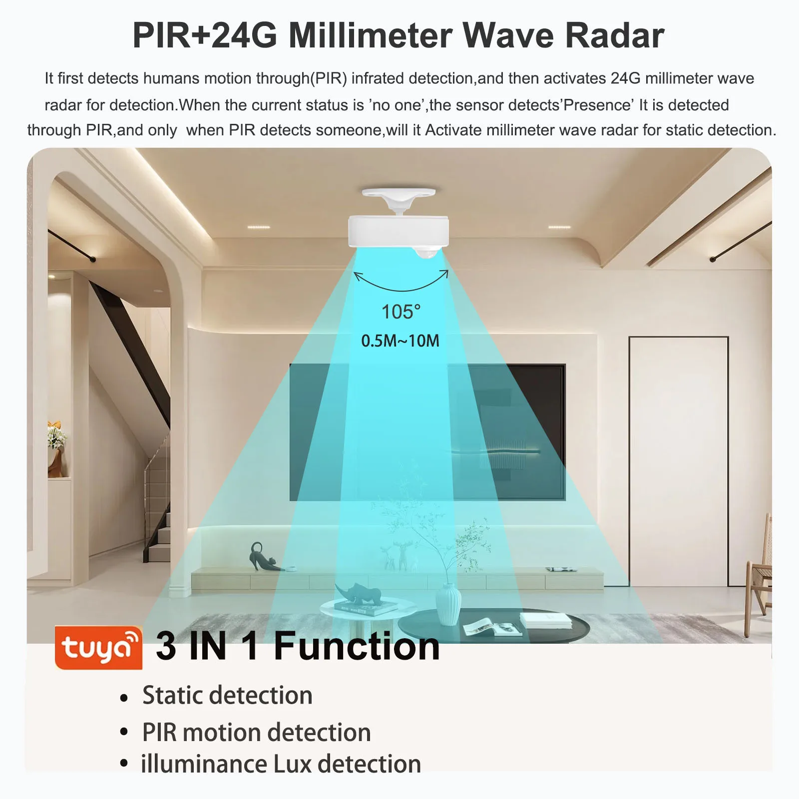 Tuya sensor de presença humana zigbee 24g radar mmwave + pir, detecção de iluminação uso bateria suporte zigbee2mqtt assistente doméstico