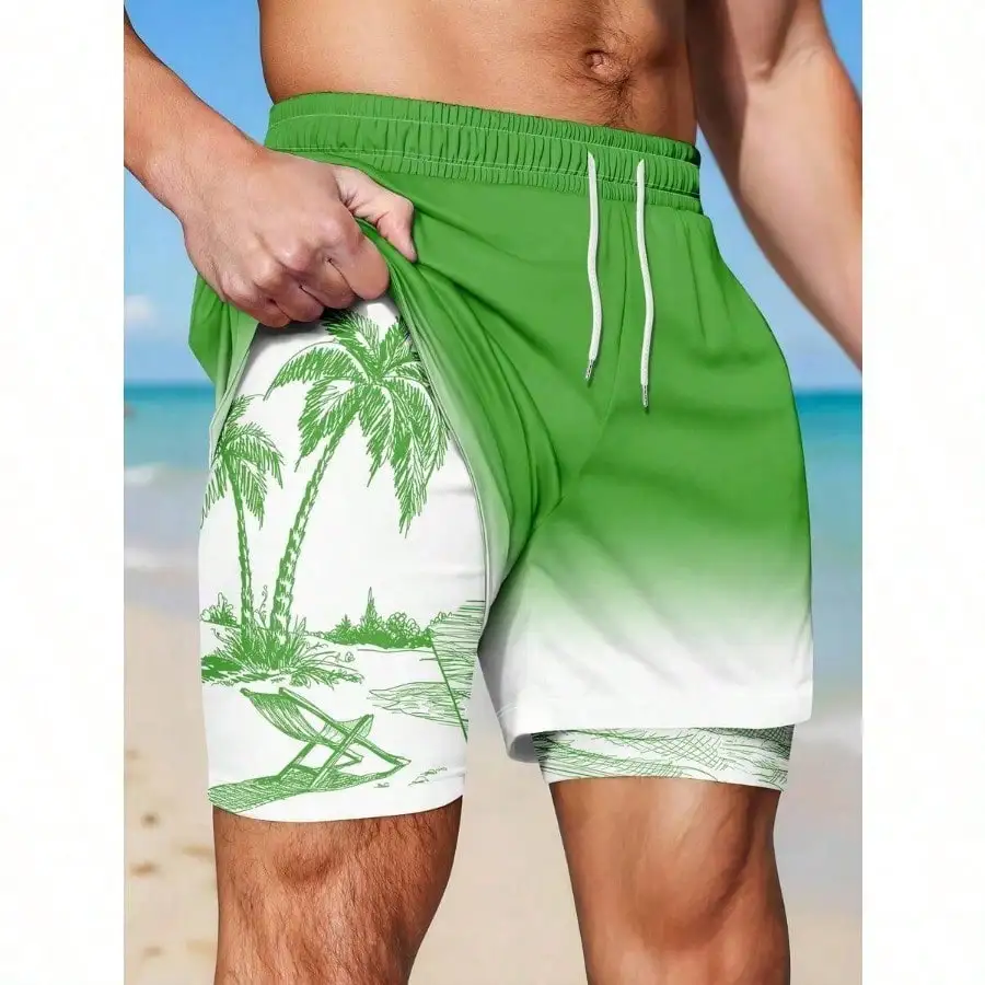 

Men's Beach Vacation Printed Lining Double-Layer Shorts, Mesh Fabric