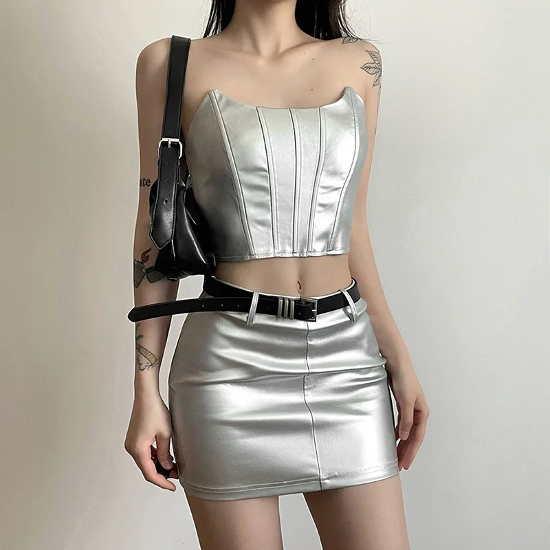 

Europe and the United States style new summer women's dress solid color wrap chest slimming waist vest collection hip skirt suit