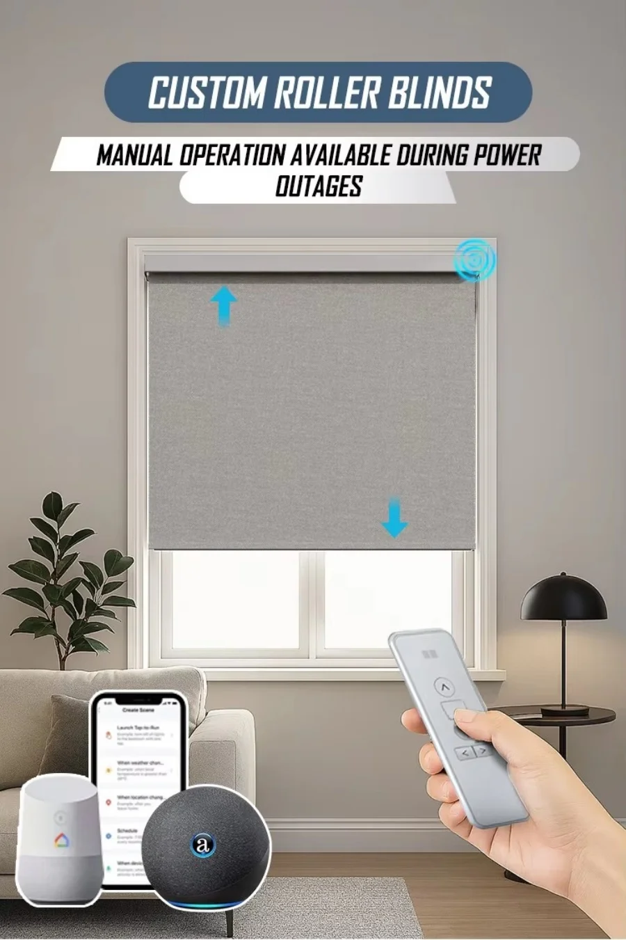 Custom Superior Quality Polyester Wireless  Smart Google WiFi App Control Stop Free Roller Blinds For House