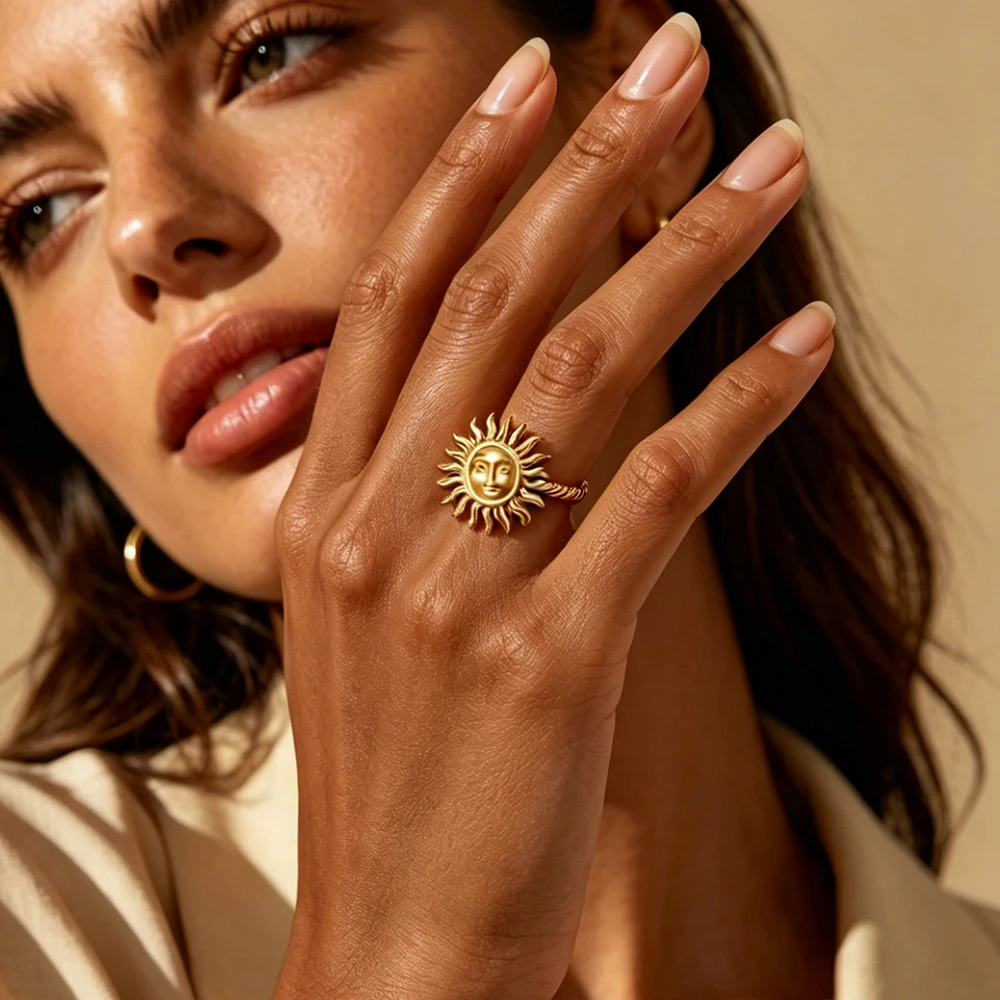 Vintage Sonnengesicht-Ringe für Damen, 18K vergoldeter Edelstahl, geometrischer Sonnenring, verstellbar, ästhetischer Hochzeitsschmuck