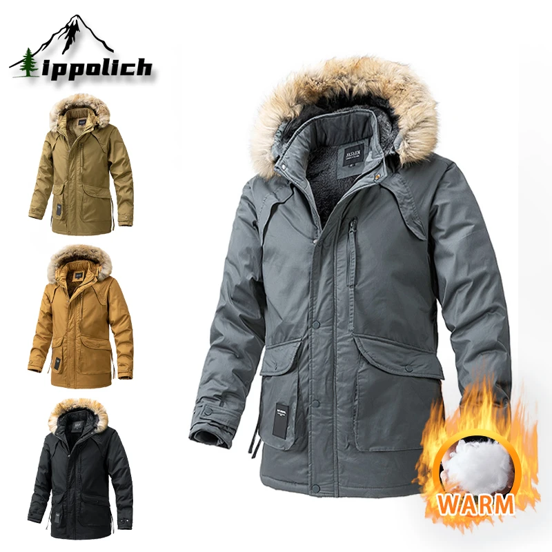 

IPPOLICH New Men's Winter Jackets Hooded Male Fur Collar Parkas Winter Jacket Windproof Warm Hood Collar Coat Fleece Warm Coat