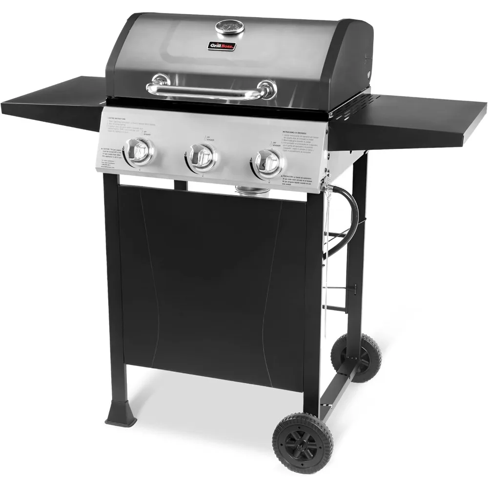 

Grill Boss 3 Burner Propane Gas Grill for Outdoor Barbecue Cooking with Top Cover Lid, Wheels, and Side Storage Shelves, Black