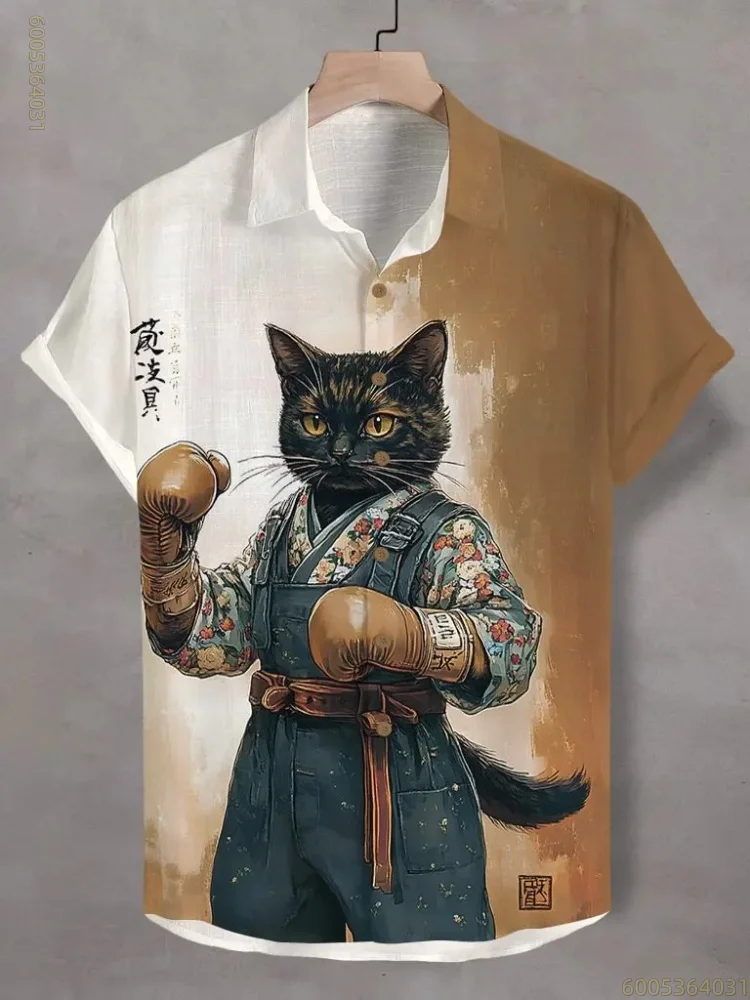 2026 New Cat Printed Men's Ink Ancient Style Printed Short Sleeve Shirt Retro Trendy Loose Casual Shirt Comfortable Men's Wear