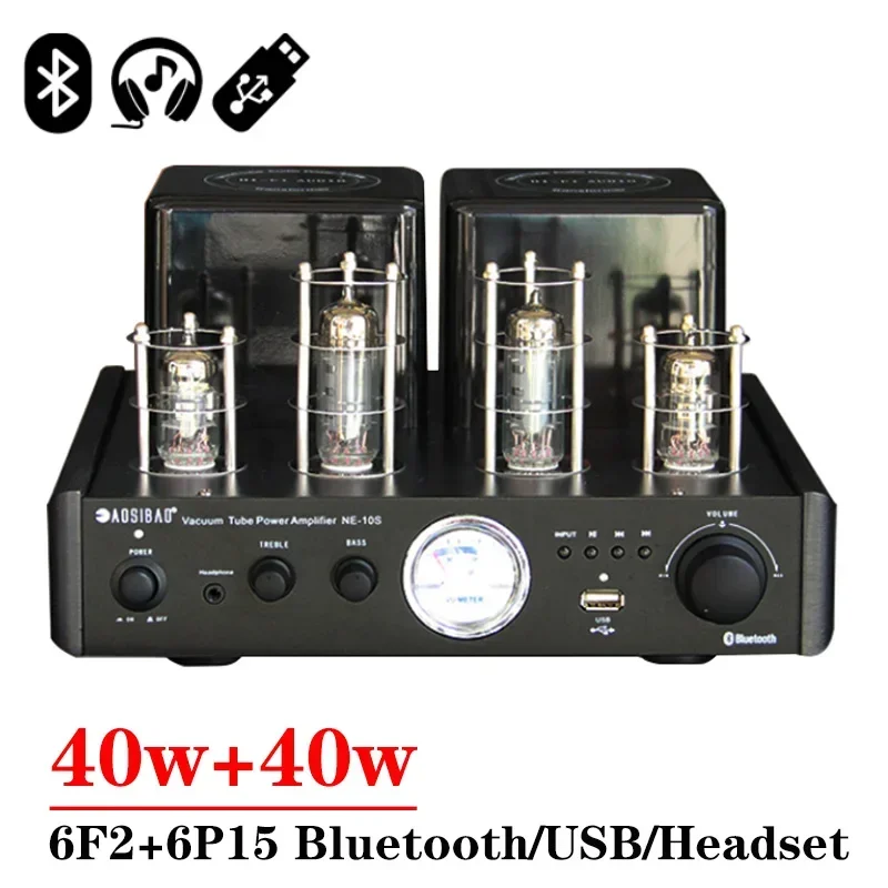 

40w*2 6p15 Vacuum Tube Amplifier Headphone Amplifier High Power Bluetooth 5.0 Vu Meter Treble Bass Adjustment Stereo Audio Amp