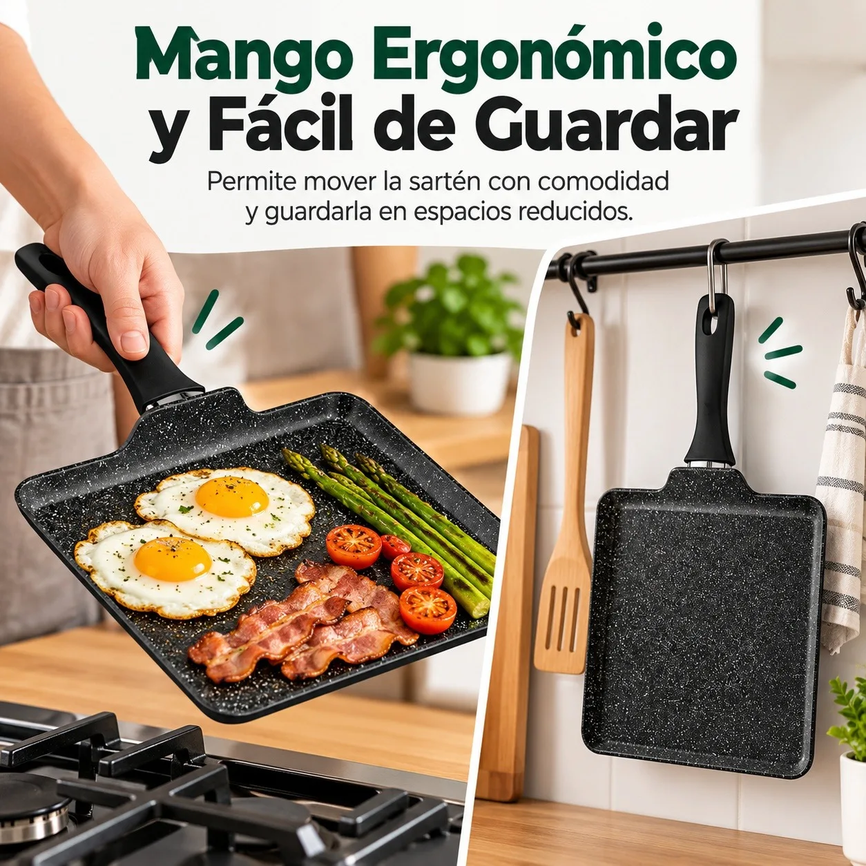 Sartén Cuadrada de Aluminio Forjado con Efecto Piedra 28x28x1.8cm, Plancha Antiadherente para Inducción, Gas y Vitrocerámica, Mango Ergonómico para Cocina de Carnes y Verduras