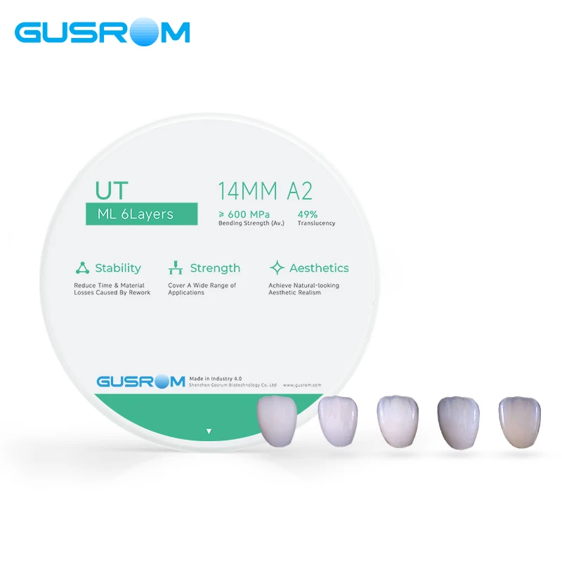 GUSROM UT ML Multilayer Zirconia Block 98mm High Translucent Dental Zirconia Disc for CAD/CAM Anterior Crown Veneer Restoration