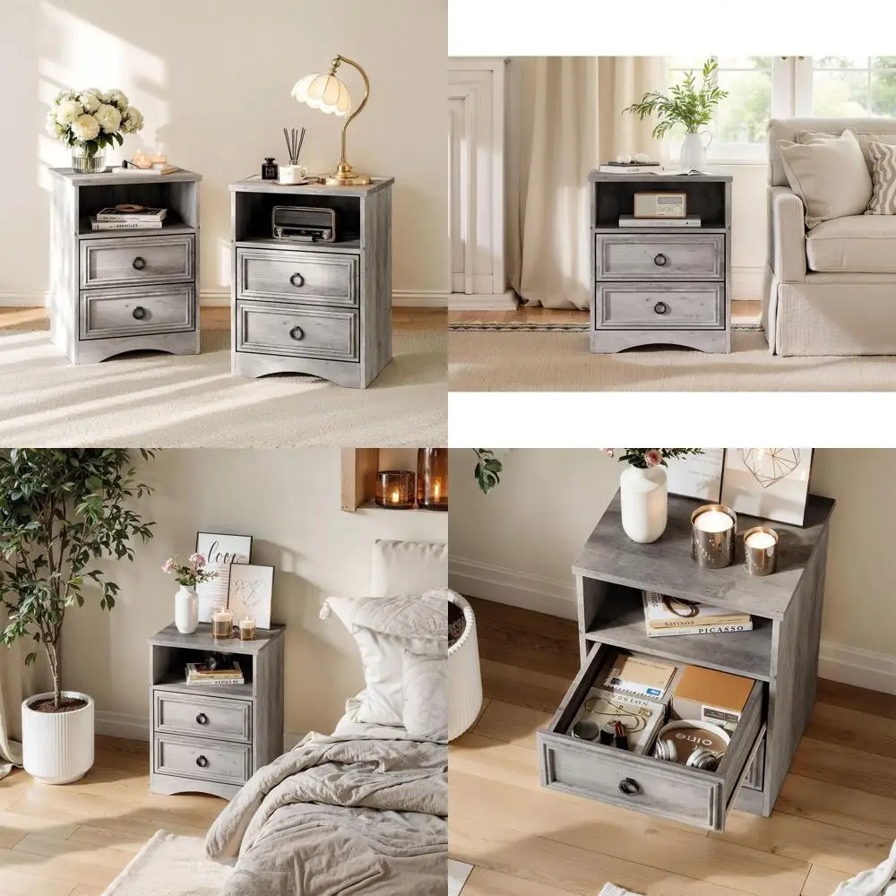 

Double Drawer Nightstand, 17.7 Wide, Gray Accent Table for Bedroom or Living Room