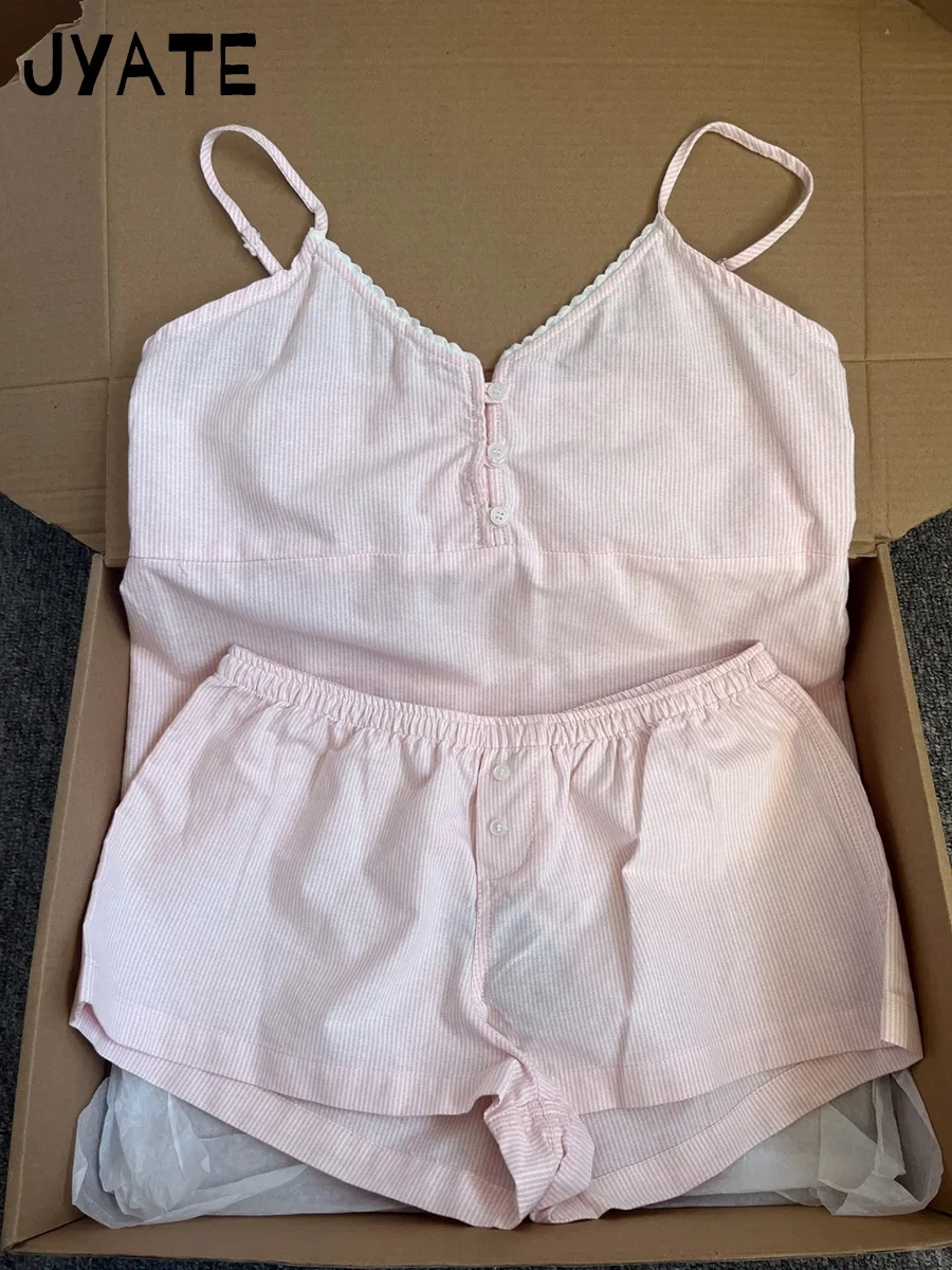 

Buttons Lace Trim Camisole+Straight Short Pants Women New Pink Striped Tank Tops with Shorts Two Piece Sweet Preppy Style 2 Sets