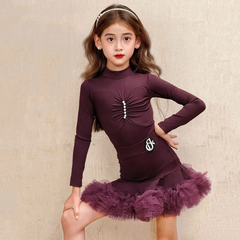 Girls Professional Latin Dance Practice Set Kids Winter Long Sleeve Velvet Latin Dance Costume For Competition Performance Zym