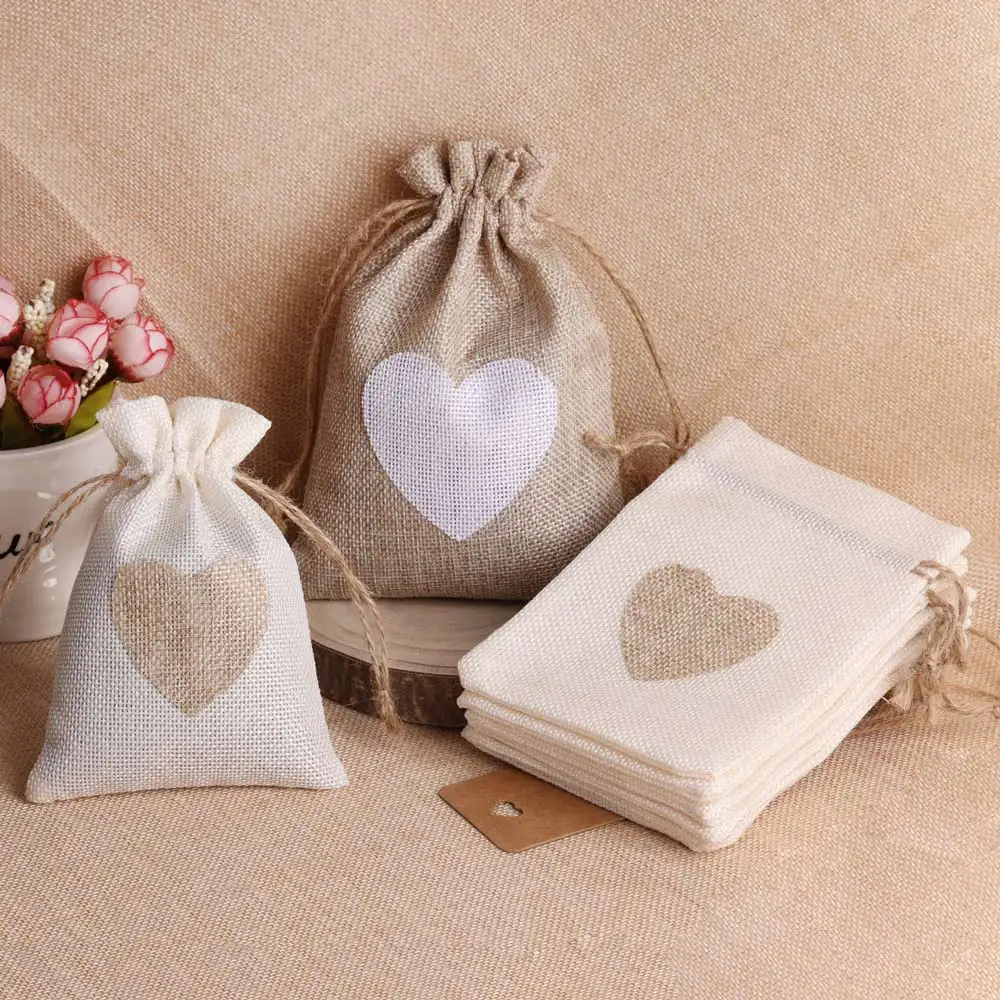 5pcs/lot Heart Linen Jewelry Bag Drawstring Pouch Decoration Pocket For Jewelry Packaging Christmas Wedding Gift Bag