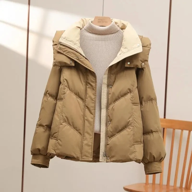 Chaqueta de algodón bloqueada de Color para mujer, nueva versión coreana, abrigo de invierno grueso y holgado, Parka cálida con capucha para mujer 2025