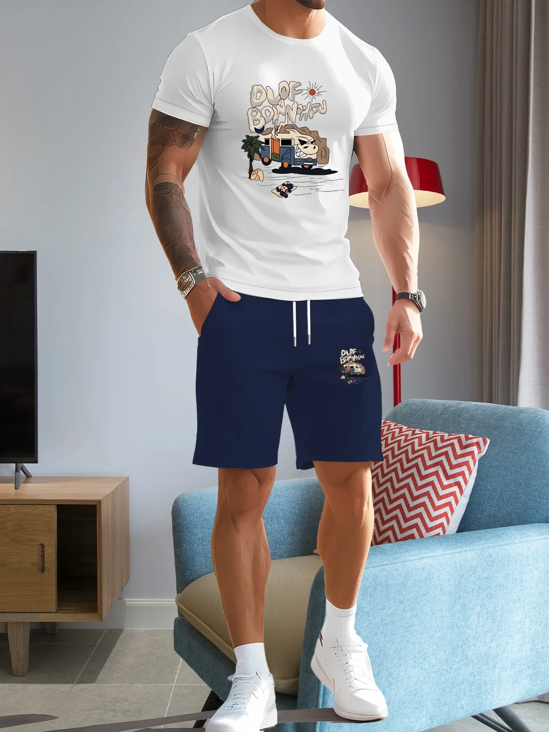 

Men's 2-piece set: comfortable printed T-shirt and drawstring shorts - made of polyester, machine washable - perfect choice for