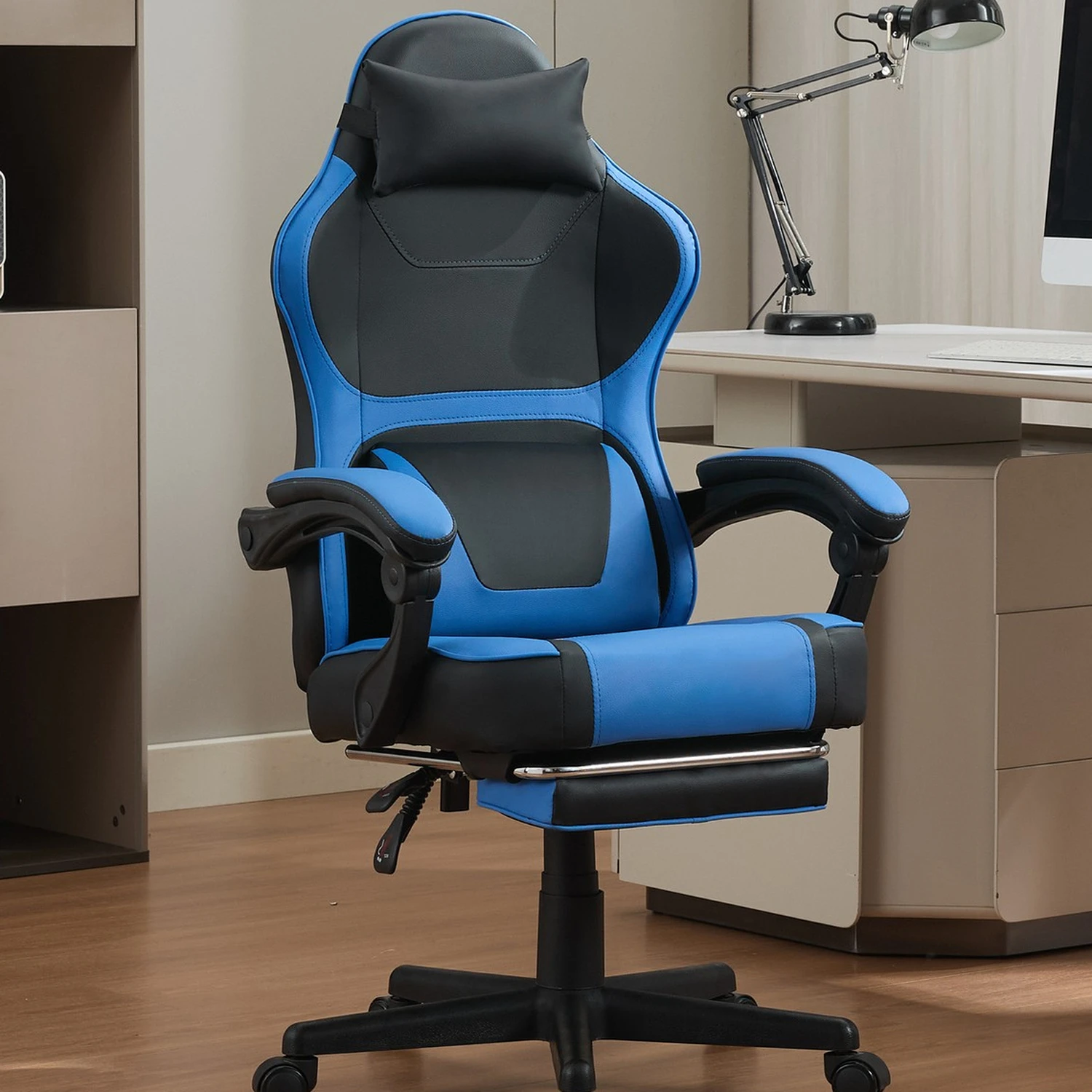 Chaise de jeu ergonomique pour entreprise avec soutien lombaire et cervical, repose-pieds réglable, capacité de 300 lb, rotation à 360 degrés, coutures élégantes, poche de rangement au dos, pour le bureau à domicile et la détente