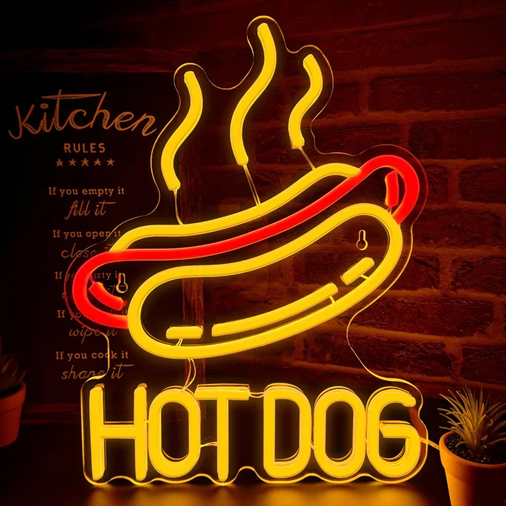 Hot Dog neon lights are used for wall decorations, hot dog LED signs are used for fast restaurant decorations, and store