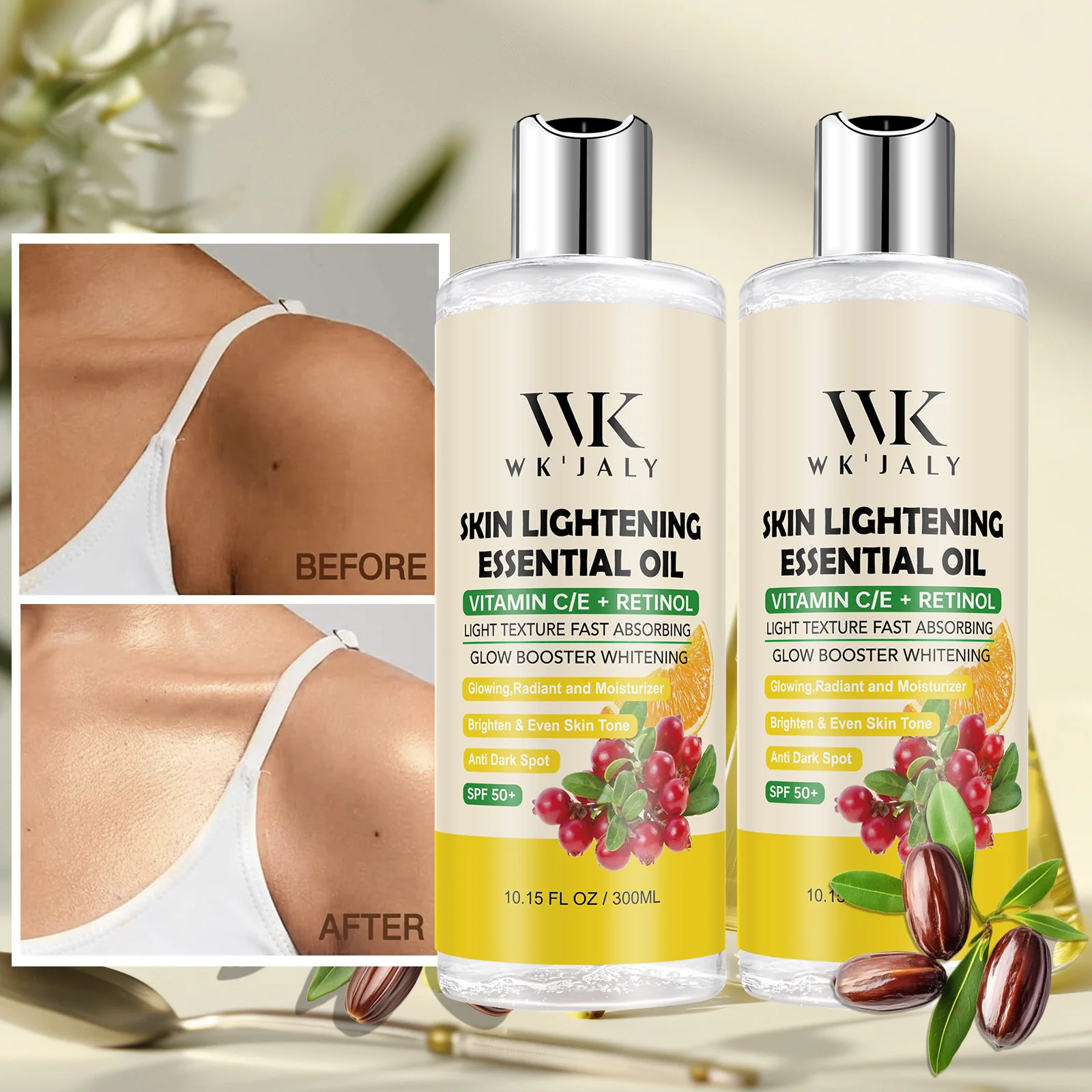 WK JALY Vitamin C and Retinol Lightening Oil, Moisturize, Whitening, Anti Dark Spots, Even Skin Tone, Non-Greasy, 300ml