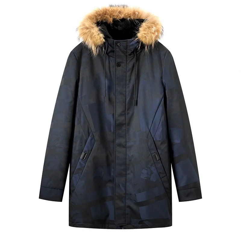 

Мужское зимнее модное пальто с узором, капюшоном и съемным меховым воротником, средней длины, ветрозащитное, теплое, для молодежи