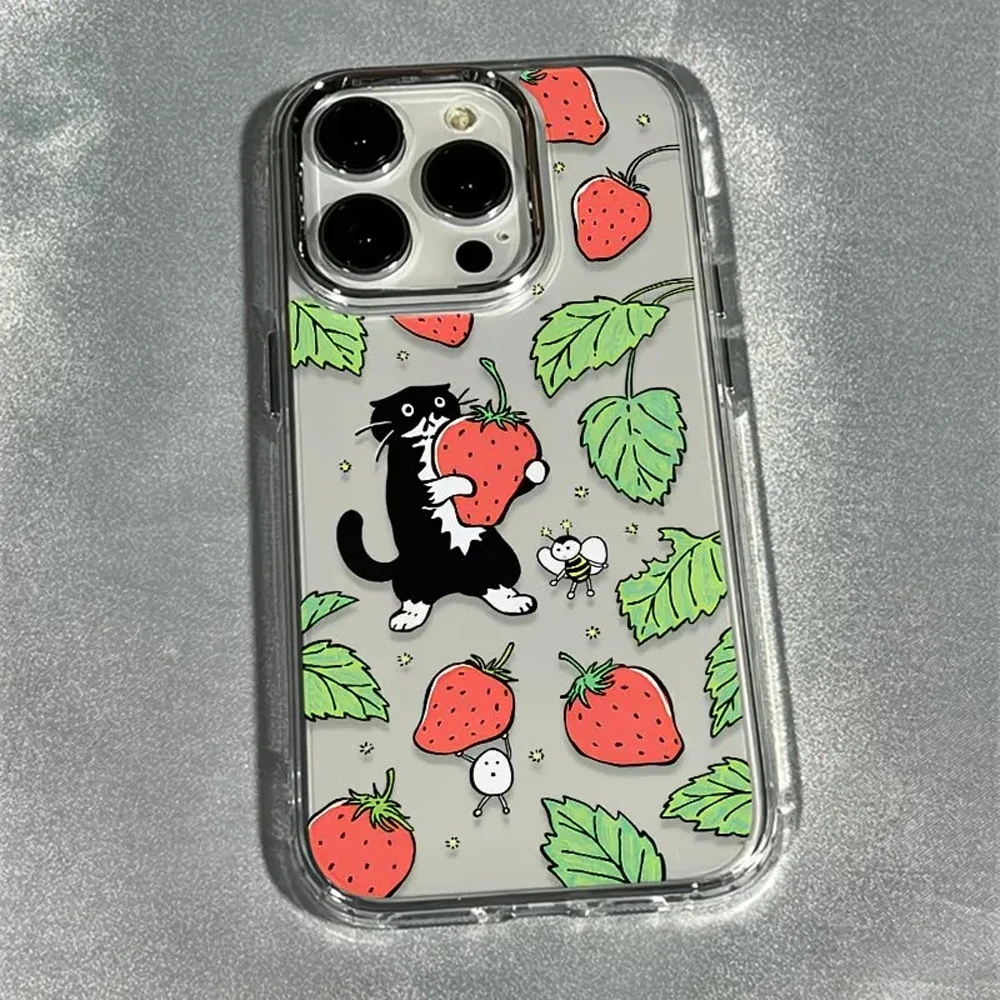 Cute Strawberry Cat Phone Case for Samsung Galaxy S25 S24 S23 S22 S21 S20 Note20 FE Ultra Edge Plus 4G 5G Transparent Soft Cover