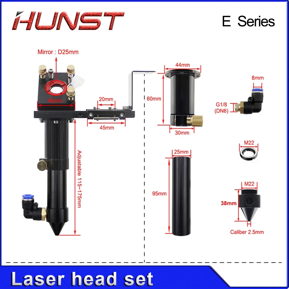 Hunst-CO2 Laser Cabeça Set para Máquina de Corte Gravura, Série E com Lente Diâmetro 20mm, FL50.8, 63.5, 101.6, Espelho 25mm