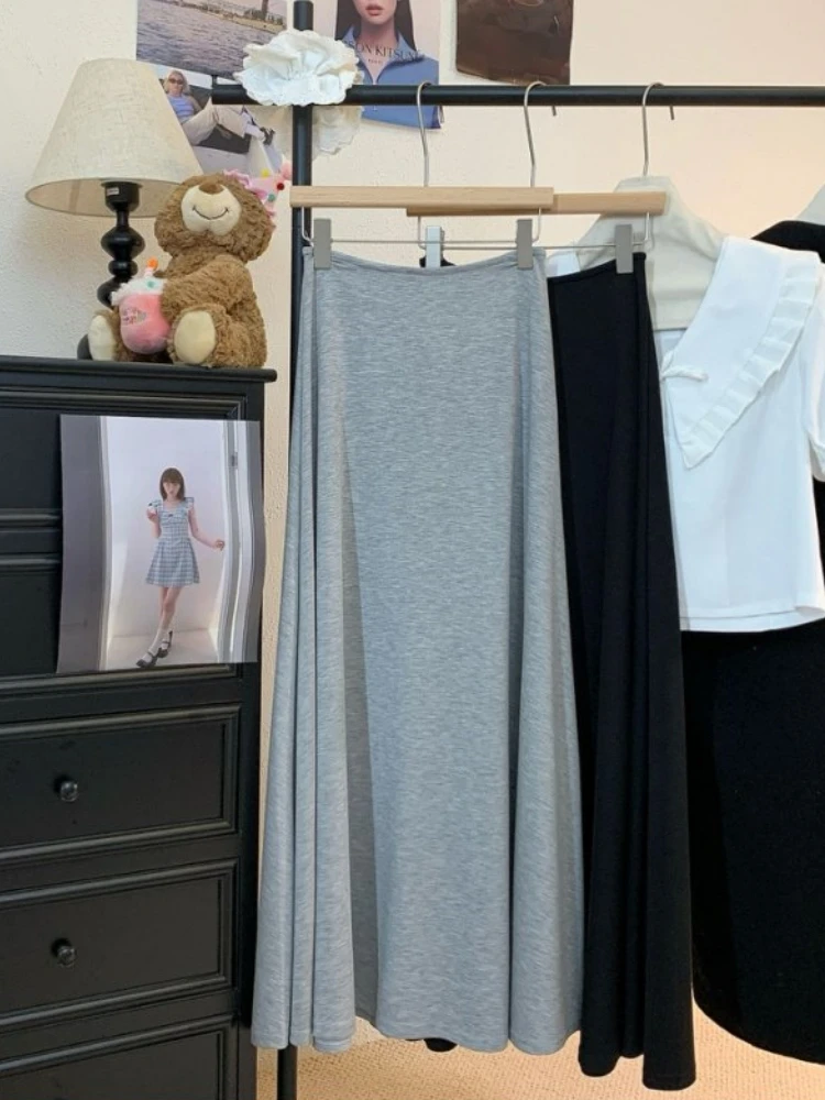Qiukichonson Grey Black Long Skirts Womens Knitted Skirt 2025 Spring Autumn Korean Goth High Waisted Ruffle Pleated Skirts rok
