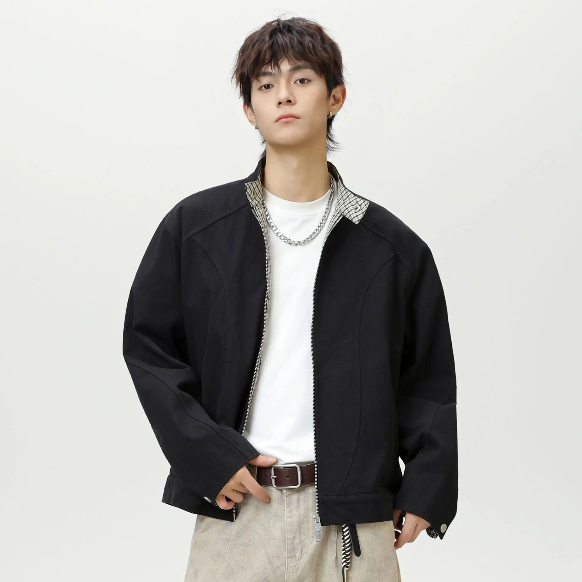 

Plaid Harrington Jacket For Men Autumn New Design With Patchwork Stand Collar Loose Fit Short Wide Silhouette Trendy Brand W0S6