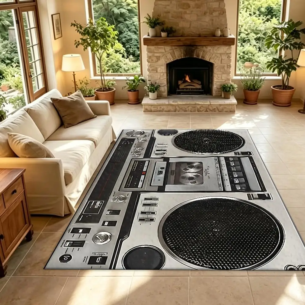 Vintage Boombox Radio Carpet Flooring, Retro Cassette Player Print Decorative Floor Rug