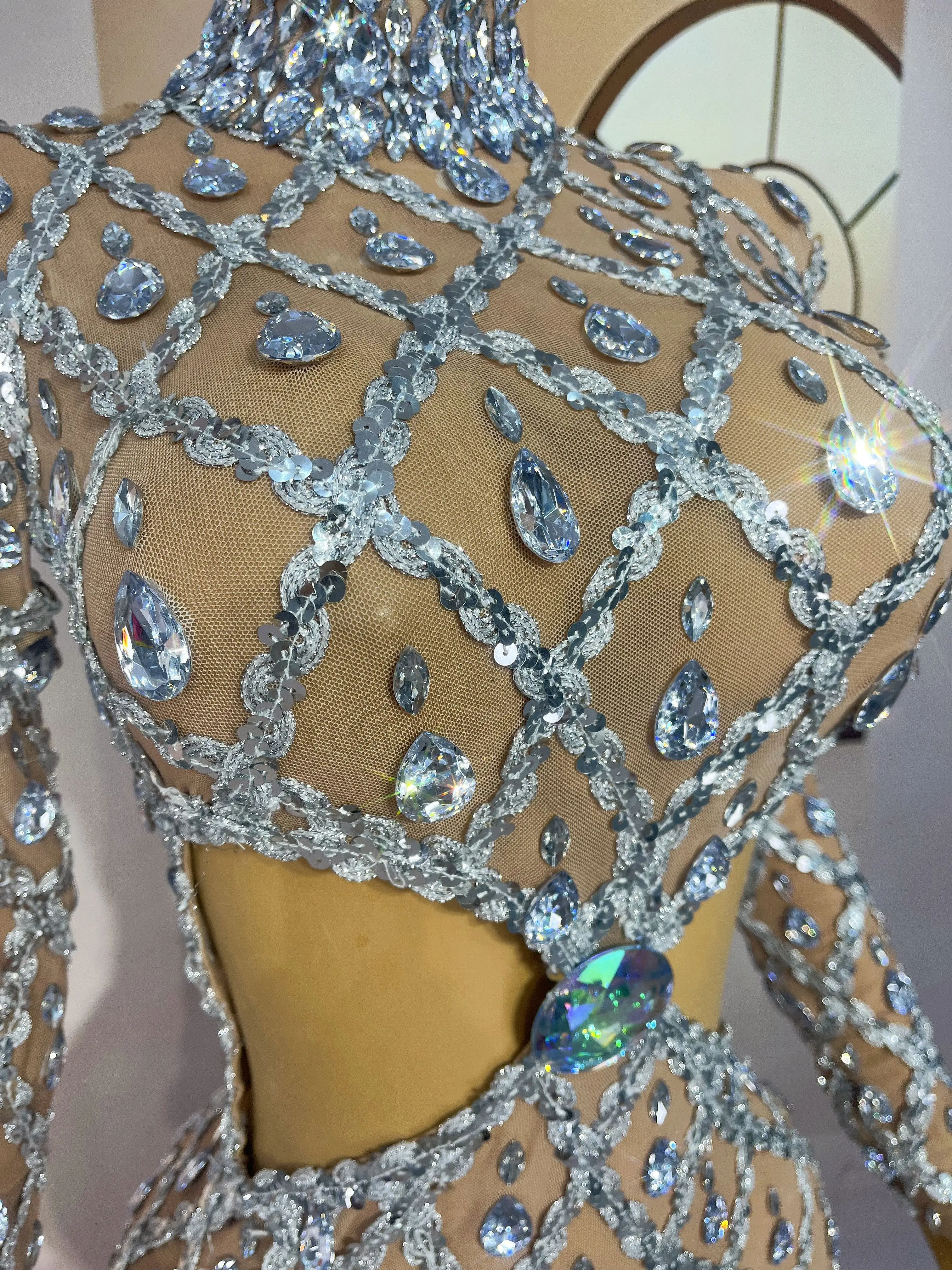 Sexy Hohltaille Transparent Mesh Sparkly Silber Strass Kleid Party Abend Feiern Outfit Modenschau Kleid Shaokaojia