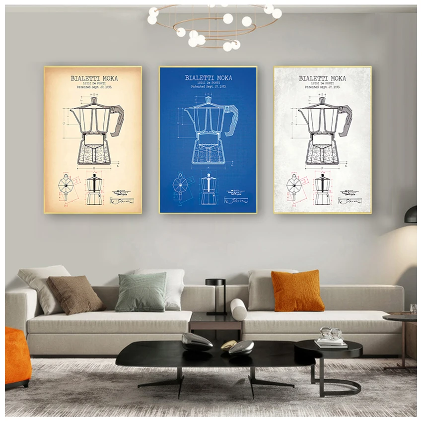 ملصقات ومطبوعات لبراءة اختراع إبريق القهوة ، لوحة قماشية للصور ، ديكور فني لجدران المطبخ ، ملصق بياليتي موكا ، مخطط