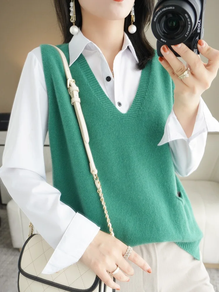 100% Wool Knit Cardigan for Spring and Autumn, New Women\'s V-Neck Camisole, Loose Thin Sweater Vest for Outerwear, 2023 Model