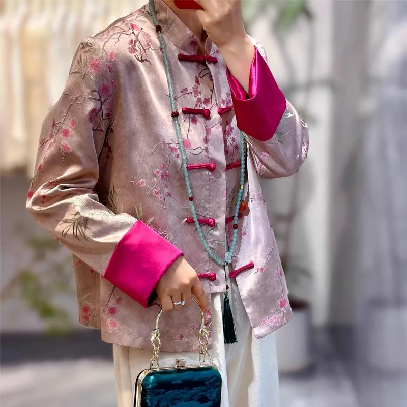 Luz de luxo jacquard topo dia das mulheres novo vento nacional gola disco casaco solto